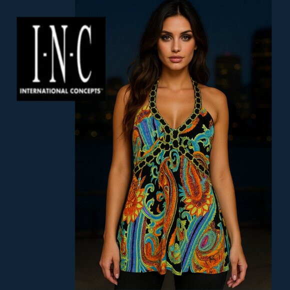 INC International Concept Multi-Color Gold Hatler Tunic Top (Size M) - Picture 1 of 12
